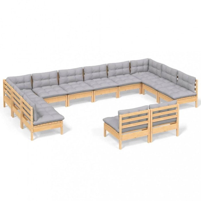 Set mobilier gradina cu perne, 12 piese, gri, lemn masiv pin
