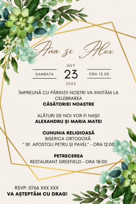 Invitatie nunta, 10x15 cm, cu plic personalizat, model 1 Floral
