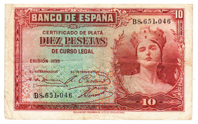 Spania 10 Pesetas 1935 P-86 Seria B8651046 foto