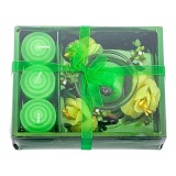 Set 4 lumanari cu vas si flori, forma cadou, verde, 12x15 cm, Oem