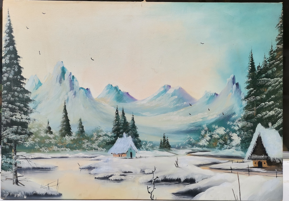 Tablou vechi Peisaj de iarna geroasa pictura in ulei pe panza 45x63cm