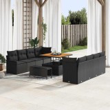 VidaXL Set de canapele pentru grădină &icirc;n 11 piese, cu perne din rattan poliester negru și cadru din acacia.