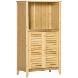 HOMCOM Dulap de baie, dulap baie, raft independent cu 2 uși oblon, raft deschis, bambus, dulap de depozitare pentru baie, living 50 x 25,5 x 92cm Natu