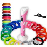 Creion 3D cu filament 1.75 mm, 20 culori, 110 m, compatibil PLA ABS, LCD, temperatura reglabila 60-230 C, motor metalic, duza ceramica, roz alb