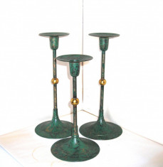 Art Deco: Sfesnice bronz verdigris patina, turnate ?i prelucrate - set 3 buc. foto