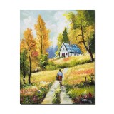 Tablou pictat manual, La casa de langa padure, 50x40cm ulei pe panza, gata de agatat pe perete