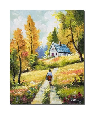 Tablou pictat manual, La casa de langa padure, 50x40cm ulei pe panza, gata de agatat pe perete foto