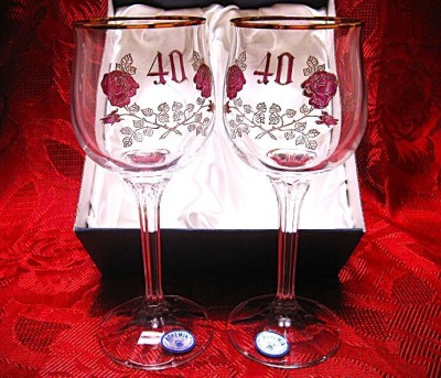 SET PAHARE CRISTAL BOHEMIA ANIVERSARE 40 ANI DECOR GRAVAT CU TRANDAFIRI 17.5 CM foto