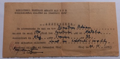Adeverinta Cluj, 1953 foto