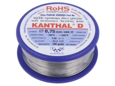 Fir Rezistență KANTHAL 3,06&amp;Omega;/m 0,75mm 0,1kg 100-1300&amp;deg;C Cod 030263 100G foto