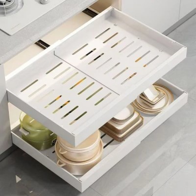 Sertar extensibil din metal, cu 3 glisiere autoadezive, extragere 80%, dimensiuni 31-50 cm x 42 cm x 6 cm, alb foto