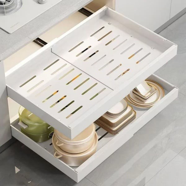 Sertar extensibil din metal, cu 3 glisiere autoadezive, extragere 80%, dimensiuni 31-50 cm x 42 cm x 6 cm, alb