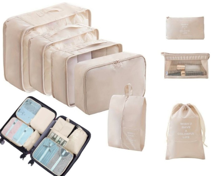 Organizatoare pentru valiza Salestore.ro&reg; set 8 huse durabile, impermiabile, cu finisaje calitative, Poliester, Bej