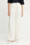 BOSS pantaloni din amestec de in femei, culoarea bej, drept, high waist, 50538045