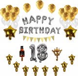 Set aniversar PARTY GO, cifra 18, folie/latex, argintiu/alb/auriu, 23 piese