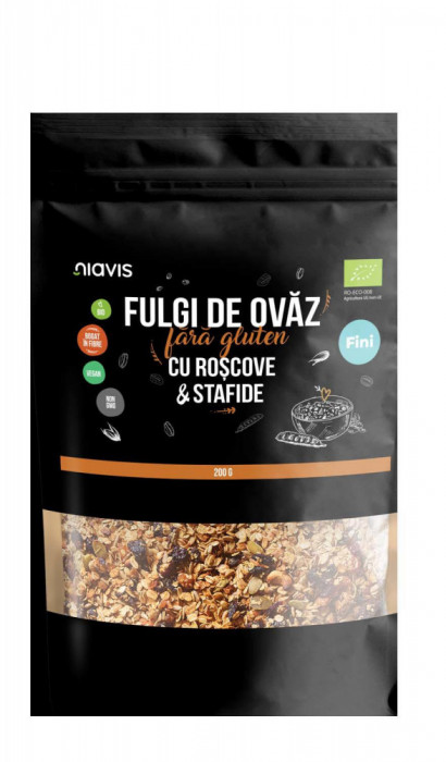 Fulgi de Ovaz Fini Fara Gluten cu Roscove si Stafide Bio 200 grame Niavis