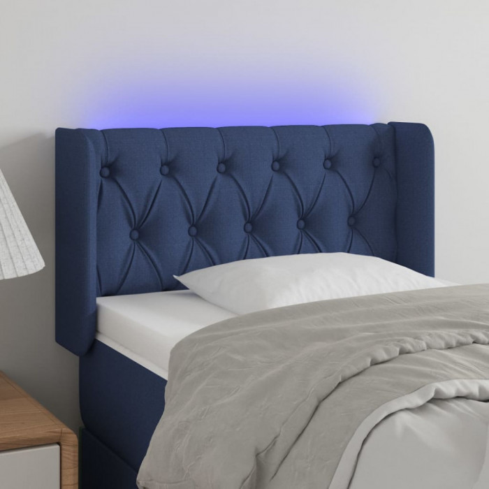 vidaXL Tăblie de pat cu LED, albastru, 83x16x78/88 cm, textil