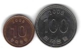 Coreea de Sud , lot 55 / 2 buc - 10 + 100 Won 2008