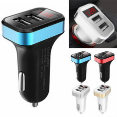 Incarcator dublu auto, 2 x 2.1 A USB, indica voltaj, led rosu, negru - albastru foto