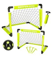 Set 2 mini porti de fotbal cu plasa, minge si pompa, 64 x 50 x 50 cm