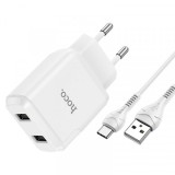 Incarcator Retea cu Cablu USB-C HOCO N7, 10W, 2.1A, 2 x USB-A, Alb