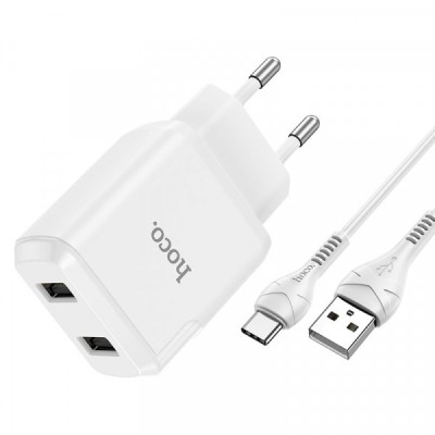 Incarcator Retea cu Cablu USB-C HOCO N7, 10W, 2.1A, 2 x USB-A, Alb foto