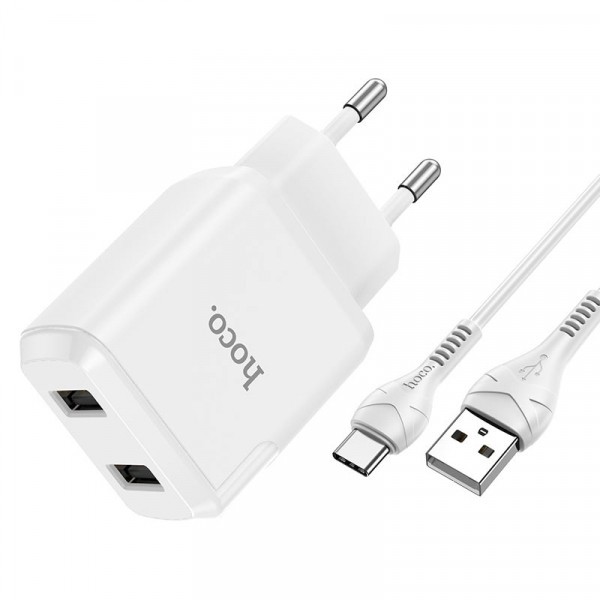 Incarcator Retea cu Cablu USB-C HOCO N7, 10W, 2.1A, 2 x USB-A, Alb