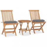 Set mobilier gradina vidaXL pliabil, 3 piese, lemn masiv tec, perne incluse, gri, masa 50x50 cm, scaune 46x62x90 cm