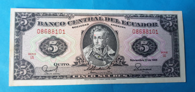 5 Sucres anul 1988 Bancnota veche Ecuador - SUPERBA foto