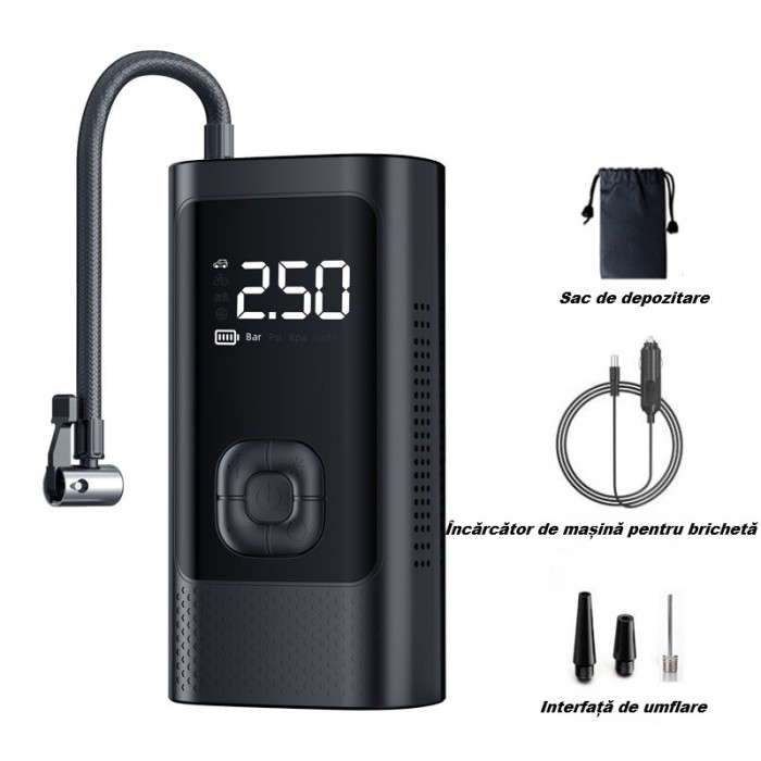 Compresor auto portabil, ZYTEQ&reg;️, afisaj digital, lanterna LED, presiune maxima 150 PSI, negru