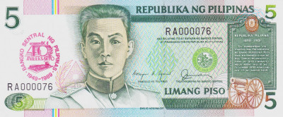 Bancnota Filipine 5 Piso 1989 - P177 UNC ( comemorativa, numar mic de serie ) foto