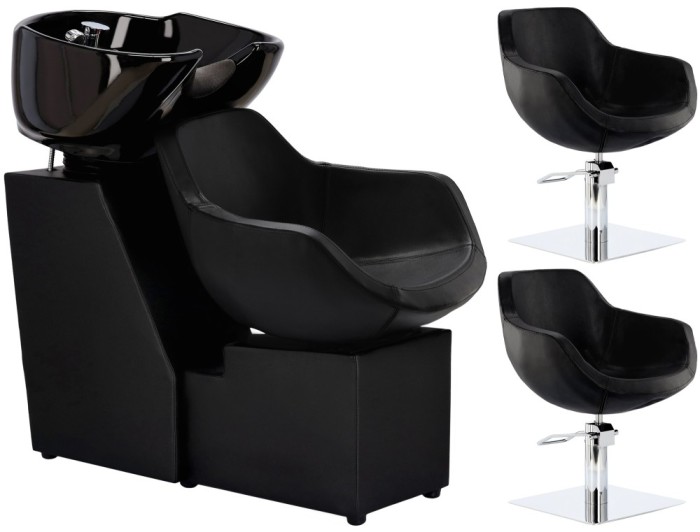 Set Profesional Coafor: Scafă Model Laura + 2 Scaune Hidraulice Pivotante cu Bol Ceramic și Accesorii Incluse