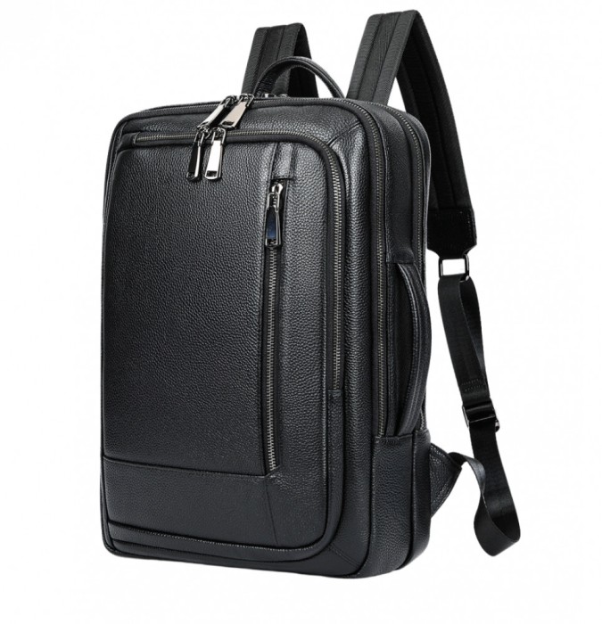 Rucsac laptop 15,6, BUSY LDY&amp;GTM&reg; Urban, barbati, piele naturala, multifunctional, suport troler, spate antiperspirant, negru