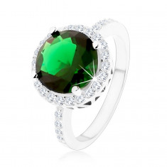Inel argint 925, zirconiu rotund, verde smarald, contur din zirconiu transparent - Marime inel: 59