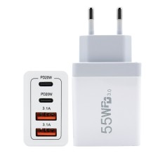 Incarcator Fast Charge pentru Telefon 55W, Flippy, Incarcator Quick Charge cu 2 Porturi USB-A 3.1A &amp; 2 Porturi USB-C, Power Delivery 55W, Cap Standard
