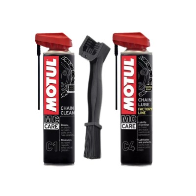 Kit intretinere Motul C1 Chain Clean 0.4L + Perie curatat lant + Motul C4 Chain Lube Racing Road 0.4L foto