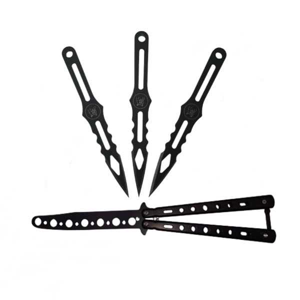 Set Briceag fluture de antrenament, Wave Blade si 3 cutite de aruncat , DEPOX&reg;, otel inoxidabil