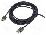 Cablu HDMI Goobay 5m textil negru și gri, HDMI 2.0, 4K, aurit, ecranat