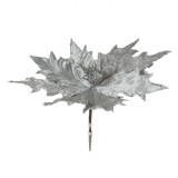 Floare Decorativă de Crăciun, Model Crăciuniță, Material Sintetic, Culoare Argintiu, Dimensiune 30 cm, Reliefată cu Glitter, Cu Clips, Oem
