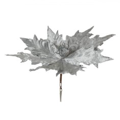 Floare Decorativă de Crăciun, Model Crăciuniță, Material Sintetic, Culoare Argintiu, Dimensiune 30 cm, Reliefată cu Glitter, Cu Clips