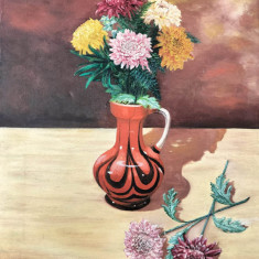 J. Schuster-Cană cu crizanteme, pictură pe pânză