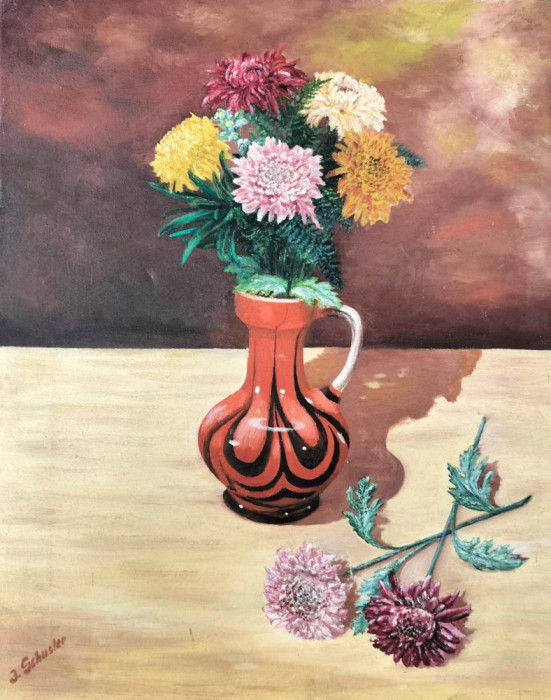 J. Schuster-Cană cu crizanteme, pictură pe p&acirc;nză