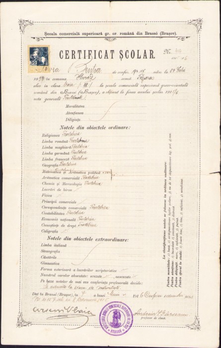 HST A1909 Certificat școlar 1916 Brașov semnat Arseniu Vlaicu Andrei B&acirc;rseanu