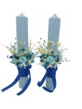Set lumanari colorate pentru nunta sau botez cu aranjament frontal cu trandafir criogenat si plante naturale uscate, 40 cm (Bleu), Eventissimi&reg;