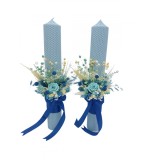 Set lumanari colorate pentru nunta sau botez cu aranjament frontal cu trandafir criogenat si plante naturale uscate, 40 cm (Bleu)