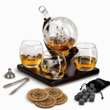 Set decantor Glob Pamantesc si barca, 850 ml, 4 pahare cu imprimeu, accesorii incluse 12 cuburi din roca pentru whiskey, Ghid de degustare whiskey