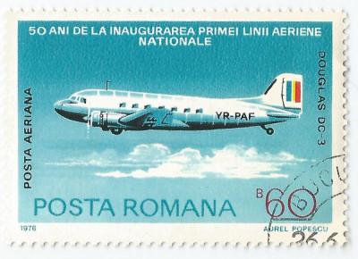 **Rom&amp;acirc;nia, LP 918/1976, 50 ani prima linie aeriana nationala, eroare, oblit. foto