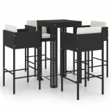 Set mobilier bar de grădină cu perne, 5 piese, negru, poliratan