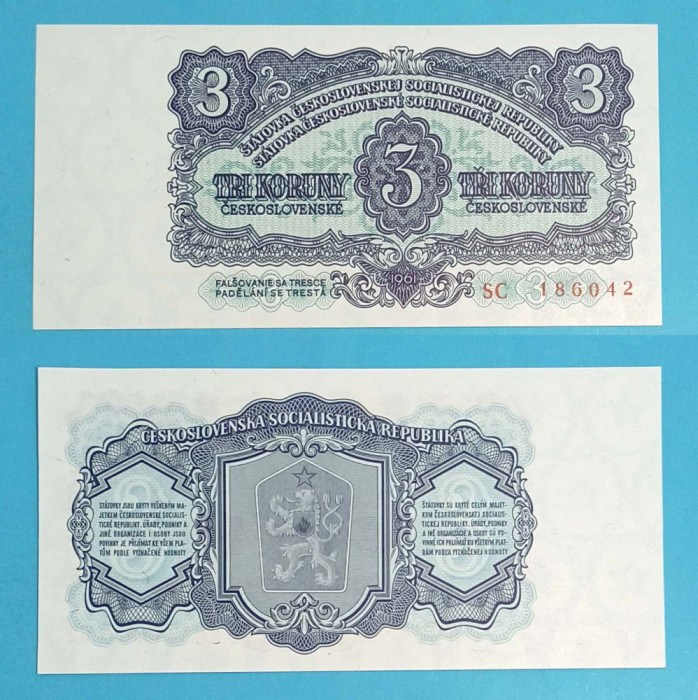 Cehoslovacia (pick 81) 3 Koruny 1961 UNC serie: SC 186042