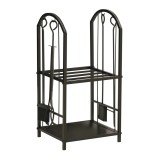 Outsunny Suport pentru Lemne cu 2 Rafturi, Lopată, Mătură și Clește, 41,5x32,5x74,5 cm, Negru | Aosom Romania